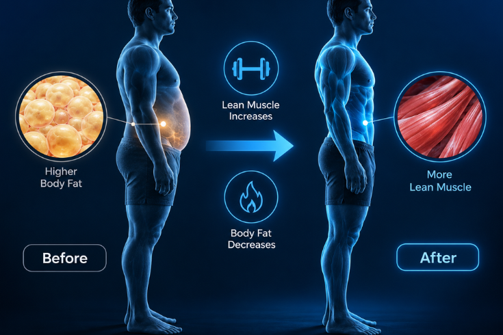 Body composition changes showing increased lean muscle and decreased body fat on TRT