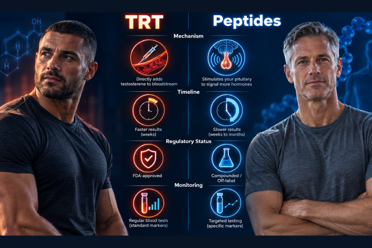 Icon comparison of TRT and peptide therapy showing mechanism, timeline, regulatory status, and monitoring differences side by side 