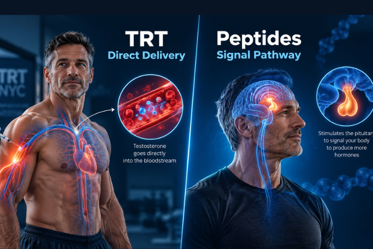 Split comparison showing TRT injecting testosterone directly into the bloodstream on one side, and peptides stimulating the pituitary gland to signal hormone production on the other