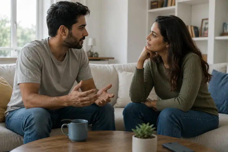Couple having an open, calm conversation about low testosterone and how it's affecting their relationship