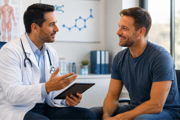 Doctor consulting a patient about testosterone replacement therapy treatment options