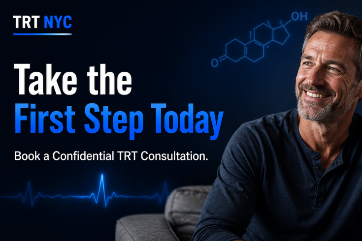 Confident man after starting TRT treatment, book a confidential testosterone therapy consultation with TRT NYC