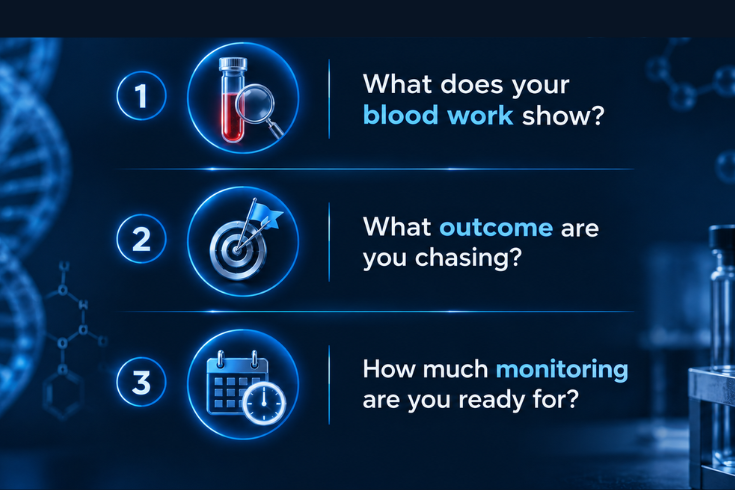 Checklist of three questions to consider before choosing between peptide therapy and TRT