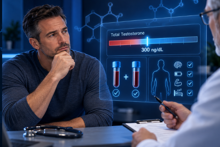 Man discussing low testosterone with a doctor while reviewing a 300 ng/dL testosterone level and blood test results.